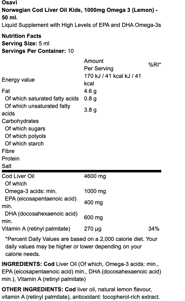 Osavi Norwegian Lemon Cod Liver Oil Kids 500mg Omega 3 250 ml